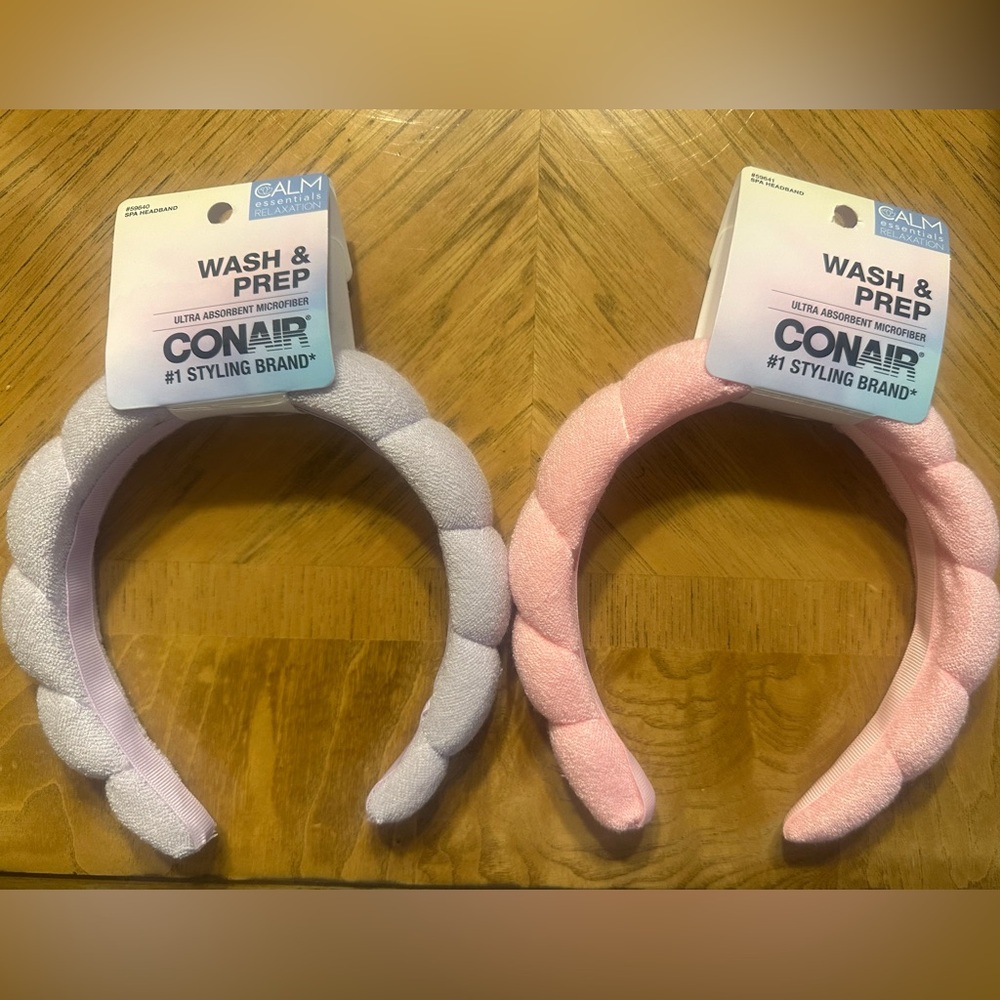 NWT Set of 2 Conair Wash & Prep Spa Headbands, 1 pink and 1 purple